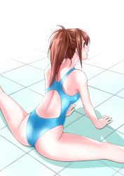 Rule 34 | 1girl, absurdres, ass, blue one-piece swimsuit, brown hair, commentary request, competition swimsuit, feet out of frame, from behind, highres, long hair, looking at viewer, macosee, one-piece swimsuit, original, ponytail, red eyes, sitting, solo, stretching, swimsuit, tile floor, tiles