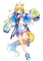 Rule 34 | 1girl, :d, ahoge, animal ears, ankle boots, blonde hair, blue eyes, blue hair, boots, breasts, colored inner hair, ear covers, ear ornament, full body, hair between eyes, hair ornament, highres, horse ears, horse girl, horse tail, jacket, long hair, long jacket, long sleeves, looking at viewer, midriff peek, multicolored hair, neo universe (umamusume), open mouth, sidelocks, simple background, single ear cover, sleeves past fingers, sleeves past wrists, small breasts, smile, solo, standing, standing on one leg, tail, tks (526tks), two-tone hair, umamusume, white background, white footwear, white jacket