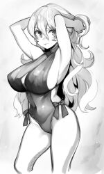 Rule 34 | 1girl, alternate breast size, alternate costume, armpits, arms up, bare legs, blush, bow, breasts, cleavage, corrin (fire emblem), covered navel, fire emblem, fire emblem fates, greyscale, hair between eyes, huge breasts, long hair, looking at viewer, monochrome, negiwo, nintendo, one-piece swimsuit, skin tight, solo, swimsuit, thighs, wavy hair