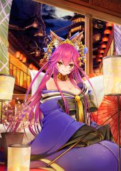 Rule 34 | &gt;:), 10s, 1girl, adapted costume, animal ears, architecture, bad id, bad pixiv id, bare shoulders, bell, blue ribbon, blurry, breasts, bridge, cleavage, closed mouth, cloud, cloudy sky, collarbone, depth of field, east asian architecture, eyelashes, fate/extella, fate/extra, fate/grand order, fate (series), flower, fox ears, fox tail, full moon, hair between eyes, hair ornament, hair ribbon, hair stick, hands in opposite sleeves, highres, hopper, japanese clothes, jewelry, kanzashi, kimono, kitsune, lantern, light particles, long hair, long sleeves, looking at viewer, medium breasts, moon, mountain, multiple tails, necklace, night, night sky, off shoulder, official alternate costume, oil-paper umbrella, oiran, paper lantern, pink flower, pink hair, plant, potted plant, railing, ribbon, silhouette, sky, smile, solo, tail, tamamo (fate), tamamo no mae (fate/extra), tamamo no mae (third ascension) (fate), umbrella, v-shaped eyebrows, very long hair, wide sleeves, yellow eyes