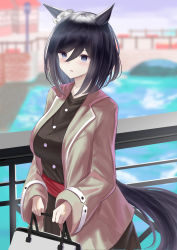 Rule 34 | 1girl, animal ears, bag, black hair, black shirt, black skirt, blue eyes, blurry, blurry background, bridge, brown jacket, commentary request, day, depth of field, eishin flash (umamusume), hair between eyes, highres, holding, holding bag, horse ears, horse girl, horse tail, jacket, lamppost, long sleeves, natsuki (natukituki), open clothes, open jacket, outdoors, parted lips, pleated skirt, railing, river, shirt, skirt, solo, tail, umamusume, water, wide sleeves