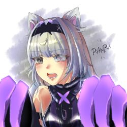 Rule 34 | 1girl, animal ears, bare shoulders, black dress, black hairband, claw (weapon), cross-shaped pupils, dress, gao, grey eyes, grey hair, hair intakes, hairband, heterochromia, highres, ismihana, long sleeves, mechanical ears, mismatched pupils, no.21: feral scent (punishing: gray raven), no.21 (punishing: gray raven), open mouth, punishing: gray raven, red pupils, sidelocks, solo, symbol-shaped pupils, weapon, wolf ears