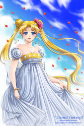 Rule 34 | 1990s (style), 1girl, bad id, bad pixiv id, bare shoulders, bead bracelet, beads, bishoujo senshi sailor moon, blonde hair, blue eyes, bracelet, crescent, crescent facial mark, crescent moon, double bun, dress, facial mark, flower, forehead mark, gown, hair flower, hair ornament, jewelry, long hair, moon, princess, princess serenity, red flower, red rose, retro artstyle, rose, shainea, solo, strapless, strapless dress, tsukino usagi, twintails, watermark, web address