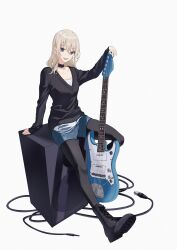 Rule 34 | 1girl, absurdres, black choker, black footwear, black pantyhose, black sweater, blue shorts, boots, cable, choker, commentary, denim, denim shorts, electric guitar, girls band cry, grey eyes, guitar, hashtag-only commentary, highres, holding, holding guitar, holding instrument, icercck, instrument, kawaragi momoka, light brown hair, long hair, long sleeves, open mouth, pantyhose, shorts, simple background, sitting, smile, solo, speaker, sweater, white background