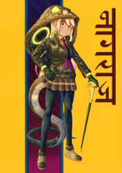 Rule 34 | 1girl, animal hood, animal print, black pantyhose, blonde hair, brown footwear, brown jacket, brown skirt, cane, closed mouth, collared jacket, collared shirt, colored tips, commentary request, detached hood, full body, gloves, glowing, glowing clothes, green gloves, hand on own hip, high collar, highres, holding, holding cane, hood, hood up, jacket, kemono friends, kemono friends 3, king cobra (kemono friends), legs apart, long hair, long sleeves, long tail, looking at viewer, making-of available, miniskirt, multicolored clothes, multicolored eyes, multicolored hair, multicolored necktie, multicolored shirt, nagato mikasa, necktie, orange shirt, outstretched arm, pantyhose, partially unzipped, pink hair, pink necktie, pleated skirt, print hood, purple necktie, red eyes, scan, shirt, shoes, skirt, snake girl, snake hood, snake print, snake tail, solo, standing, tail, tan, traditional media, twintails, two-tone hair, very long hair, wing collar, yellow eyes, yellow shirt, zipper