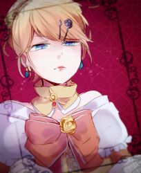 Rule 34 | 1girl, absurdres, aku no musume (vocaloid), annoyed, bare shoulders, blue eyes, blurry, bow, brooch, choker, commentary, depth of field, detached collar, dress, dress bow, dress flower, dutch angle, earrings, evillious nendaiki, frilled dress, frills, frown, glaring, hair ornament, hairclip, half-closed eyes, highres, jewelry, kagamine rin, lipstick, makeup, makoji (yomogi), orange bow, pink lips, riliane lucifen d&#039;autriche, scowl, solo, strapless, strapless dress, vocaloid, yellow choker, yellow dress