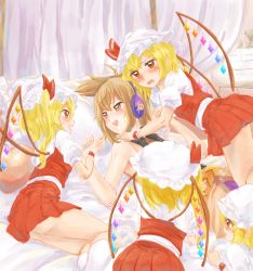 Rule 34 | 5girls, ass, bare shoulders, bed, blonde hair, blush, bow, brown eyes, brown hair, commentary, earmuffs, flandre scarlet, four of a kind (touhou), gem, hair bow, hat, highres, holding hands, looking at another, lying, mob cap, momo (baso4), multiple girls, multiple persona, on back, on side, open mouth, pointy hair, puffy short sleeves, puffy sleeves, red bow, red eyes, red skirt, short sleeves, skirt, stuffed animal, stuffed toy, teddy bear, touhou, toyosatomimi no miko, white hat, wings, wrist cuffs, yuri