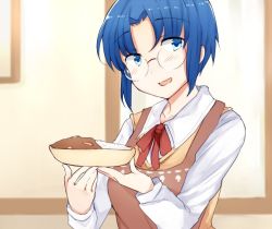 Rule 34 | 1girl, apron, blue eyes, blue hair, blush, ciel (tsukihime), curry, curry rice, plate, food, glasses, holding, holding plate, jirou (tamaho39), kagetsu tooya, long sleeves, looking to the side, matching hair/eyes, neck ribbon, open mouth, plate, red ribbon, ribbon, rice, school uniform, shirt, short hair, sidelocks, solo, tsukihime, upper body, vest, white shirt, yellow vest