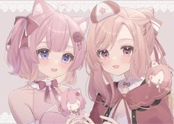 Rule 34 | 2girls, ahoge, aisu koffie, animal ear fluff, animal ears, blush, bow, breasts, capelet, cat ears, character doll, cleavage cutout, clothing cutout, collarbone, dress, hair bow, halter dress, halterneck, hat, heart, heart ahoge, highres, indie virtual youtuber, looking at viewer, medium breasts, mini hat, mole, mole on breast, multiple girls, nini yuuna, nini yuuna (2nd costume), open mouth, pink dress, pink eyes, pink hair, ponytail, red capelet, roku 6, second-party source, shirt, small breasts, smile, striped, striped bow, virtual youtuber, white shirt