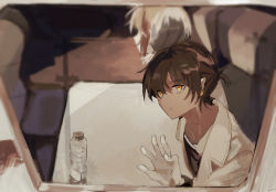 Rule 34 | 2boys, arknights, black shirt, blurry, blurry background, bottle, brown coat, brown hair, closed mouth, coat, collarbone, commentary request, dark-skinned male, dark skin, ear piercing, elysium (arknights), expressionless, from outside, from side, gloves, grey hair, hand up, highres, looking outside, male focus, marumarukin, multicolored hair, multiple boys, orange eyes, piercing, red hair, shirt, short hair, short ponytail, streaked hair, thorns (arknights), water bottle, white gloves, white hair