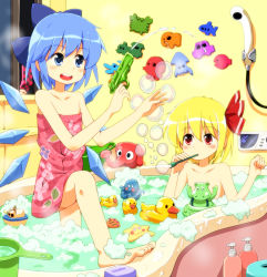 Rule 34 | 2girls, barefoot, bath, bathtub, blonde hair, blue eyes, blue hair, blush, boat, bow, bubble, cellphone, censored, cirno, convenient censoring, drinking straw, elephant, embodiment of scarlet devil, hair bow, hair ribbon, hippopotamus, multiple girls, octopus, open mouth, phone, red eyes, ribbon, rubber duck, rumia, ruu (tksymkw), smile, soap, starfish, steam, touhou, towel, toy, water, water gun, watercraft, window, wings