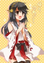 Rule 34 | 10s, 1girl, :d, bare shoulders, black hair, detached sleeves, haruna (kancolle), headgear, japanese clothes, kantai collection, long hair, long sleeves, momoiro, nontraditional miko, open mouth, pleated skirt, red skirt, skirt, smile, solo, sparkle, translated
