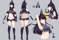 Rule 34 | 1girl, armpits, arms behind head, ass, bare shoulders, black gloves, black hair, black panties, bow, bow panties, breasts, bustier, butt crack, character sheet, chips (food), claws, covered erect nipples, donggua bing cha, eating, food, full body, gloves, grey background, highres, horns, large breasts, long hair, looking at viewer, multiple views, navel, open mouth, original, panties, potato chips, prehensile hair, standing, stomach, thighhighs, underwear, yellow eyes