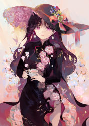 Rule 34 | 1girl, black hair, bow, brown hair, bug, butterfly, china dress, chinese clothes, cowboy shot, cup, dress, expressionless, flower, gem, glowing, hat, hat bow, hat flower, holding, holding cup, hyatsu, insect, long sleeves, looking at viewer, original, pink bow, pink butterfly, pink eyes, pink flower, pink liquid, pink theme, solo, teacup, traditional clothes, traditional dress, wavy hair