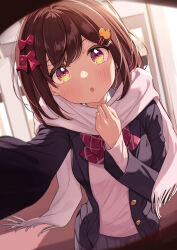 Rule 34 | 1girl, black jacket, blush, bow, bowtie, brown eyes, brown hair, fringe trim, grey skirt, hair bow, hair ornament, hairclip, highres, jacket, long sleeves, looking at viewer, open clothes, open jacket, open mouth, original, pleated skirt, red bow, red bowtie, saboten mushi, scarf, short hair, skirt, solo, white scarf