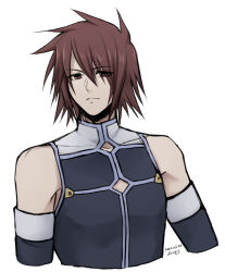 Rule 34 | 1boy, bare shoulders, blue shirt, brown eyes, brown hair, cleavage cutout, clothing cutout, cropped torso, dated, detached sleeves, high collar, hiryuu (kana h), kratos aurion, light frown, looking to the side, male focus, shirt, short hair, signature, simple background, solo, spiked hair, tales of (series), tales of symphonia, upper body, white background
