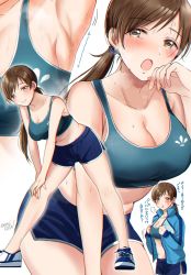 Rule 34 | 1girl, armpits, artist name, black shorts, blue jacket, blue sports bra, blush, breasts, brown eyes, brown hair, cleavage, collarbone, gen (enji), highres, idolmaster, idolmaster cinderella girls, jacket, large breasts, long sleeves, looking at viewer, midriff, navel, nitta minami, open clothes, open jacket, open mouth, shoes, short shorts, shorts, signature, simple background, smile, sneakers, solo, sports bra, sweat, track jacket, translation request, white background, zoom layer