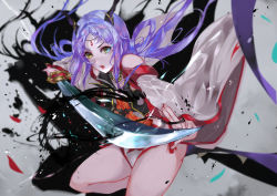 Rule 34 | 1girl, aiming, aiming at viewer, bare legs, bare shoulders, character request, forehead jewel, highres, holding, holding sword, holding weapon, horns, japanese clothes, jewelry, katana, long hair, long sleeves, looking at viewer, necklace, open mouth, purple hair, solo, sword, tenka hyakken, vardan, weapon, wide sleeves, yellow eyes