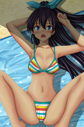Rule 34 | 1girl, antenna hair, arm behind head, armpits, beach towel, bikini, black hair, blue eyes, blush, bow, breasts, breasts apart, cleavage, collarbone, from above, ganaha hibiki, hair between eyes, hair bow, high ponytail, highres, idolmaster, idolmaster (classic), long hair, looking at viewer, lying, medium breasts, navel, on back, open mouth, ponytail, sand, seraphina, shade, solo, spread legs, striped bikini, striped clothes, sweatdrop, swimsuit, tan, towel, underboob