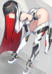 Rule 34 | 1girl, bent over, black hair, boots, breasts, colored inner hair, commission, elbow gloves, gloves, hand on own head, high heel boots, high heels, highleg, highleg leotard, highres, large breasts, leotard, long hair, mecha musume, multicolored hair, natori youkai, original, pixiv commission, red eyes, red hair, solo, thigh boots, very long hair