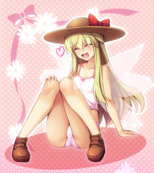 Rule 34 | 1girl, ^ ^, ass, bare arms, bare legs, bare shoulders, bow, brown footwear, camisole, chima q, closed eyes, closed eyes, facing viewer, fairy wings, full body, hair between eyes, hat, hat bow, highres, knees together feet apart, knees up, lily white, open mouth, panties, pink background, pink panties, red bow, shoes, sitting, smile, solo, touhou, underwear, underwear only, wings