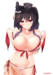 Rule 34 | 1girl, absurdres, artist name, bare shoulders, bikini, black hair, breasts, cleavage, closed mouth, collarbone, commentary, cowboy shot, front-tie bikini top, front-tie top, hair between eyes, headgear, highres, kantai collection, large breasts, long hair, looking at viewer, momimaki, navel, official alternate costume, red eyes, sarong, side-tie bikini bottom, simple background, solo, swimsuit, thigh gap, untied bikini, white background, white bikini, yamashiro (kancolle)