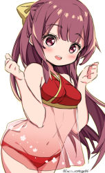 Rule 34 | 1girl, adapted costume, bikini, commentary request, cowboy shot, kamikaze (kancolle), kantai collection, laco soregashi, long hair, looking at viewer, one-hour drawing challenge, open mouth, purple hair, red bikini, red eyes, round teeth, simple background, smile, solo, swimsuit, teeth, upper teeth only, white background