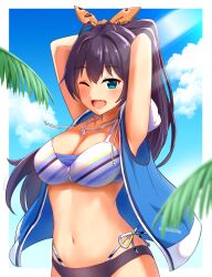 Rule 34 | 1girl, antenna hair, armpits, arms behind head, arms up, bare shoulders, bikini, black hair, blue eyes, blue hoodie, blue sky, blurry, blurry foreground, blush, bow, breasts, brown ribbon, cleavage, cloud, collarbone, commentary, cowboy shot, day, dot nose, fang, ganaha hibiki, hair bow, hair ribbon, highres, hood, hoodie, idolmaster, idolmaster (classic), idolmaster million live!, idolmaster million live! theater days, jewelry, karua (karua23), long hair, looking at viewer, medium breasts, navel, necklace, one eye closed, open clothes, open hoodie, open mouth, outdoors, palm leaf, ponytail, ribbon, sky, sleeveless, sleeveless hoodie, smile, solo, standing, star (symbol), star necklace, striped bikini, striped clothes, sunlight, swimsuit, white bikini, zipper bikini, zipper pull tab