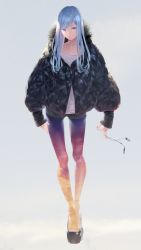 Rule 34 | 1girl, aqua hair, coat, collarbone, commentary request, fur collar, grey background, highres, jewelry, medium hair, multicolored clothes, multicolored legwear, nail polish, necklace, original, revision, ring, simple background, solo, sousou (sousouworks), sunset