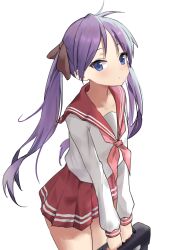 Rule 34 | 1girl, absurdres, bag, closed mouth, dot nose, female focus, highres, hiiragi kagami, holding, holding school bag, legs, long hair, long sleeve shirt, looking at viewer, lucky star, purple hair, red sailor collar, sailor collar, school bag, school uniform, serafuku, solo, standing, yoruciel