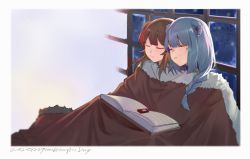 Rule 34 | 2girls, arknights, book, border, braid, brown hair, chinese commentary, commentary request, digital media player, earbuds, earphones, closed eyes, glasses, hair ornament, heads together, highres, hongbaise raw, istina (arknights), long hair, monocle, multicolored hair, multiple girls, open book, pince-nez, red hair, shared blanket, single braid, sitting, sleeping, sleeping upright, star (symbol), star hair ornament, streaked hair, white border, window, yuri, zima (arknights)