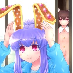 Rule 34 | 2girls, alternate hairstyle, animal ears, brown hair, rabbit ears, buttons, carrot, commentary request, gem, inaba tewi, jewelry, long sleeves, multiple girls, open door, pajamas, pink eyes, ponytail, purple hair, reisen udongein inaba, shirosato, smile, sweatdrop, touhou, walk-in