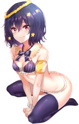Rule 34 | 10s, 1girl, absurdres, arched back, bare shoulders, between legs, bikini, black hair, blue bikini, blue bow, blue bowtie, blue thighhighs, blush, bow, bowtie, breasts, cleavage, closed mouth, collar, collarbone, commentary, detached collar, detached sleeves, frilled bikini, frilled collar, frills, full body, groin, hair between eyes, hair ornament, highres, leaning forward, looking at viewer, md5 mismatch, mizuno ai, no shoes, puffy short sleeves, puffy sleeves, red eyes, resolution mismatch, revision, seiza, short hair, short sleeves, simple background, sitting, small breasts, smile, solo, source larger, striped bikini, striped bow, striped bowtie, striped clothes, striped neckwear, sunhyun, swimsuit, thighhighs, white background, wrist cuffs, zombie land saga