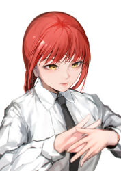 Rule 34 | 1girl, black necktie, braid, braided ponytail, chainsaw man, collared shirt, commentary, dress shirt, highres, long hair, long sleeves, looking ahead, makima (chainsaw man), necktie, red hair, ringed eyes, shirt, simple background, sleeve cuffs, solo, upper body, white background, white shirt, wo chi xiangjiao pi, yellow eyes