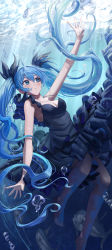 Rule 34 | 1girl, absurdres, arm up, armpits, barefoot, black dress, blue eyes, blue hair, blush, breasts, cleavage, dress, fish, frilled dress, frills, full body, hatsune miku, highres, long hair, medium breasts, parted lips, shinkai shoujo (vocaloid), silvertsuki, solo, thighs, underwater, very long hair, vocaloid