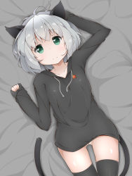 Rule 34 | 1girl, animal ears, aqua eyes, highres, hood, hoodie, long sleeves, looking at viewer, lying, moriya ma, on back, pussy, sanya v. litvyak, short hair, silver hair, solo, strike witches, tail, thighhighs, uncensored, world witches series