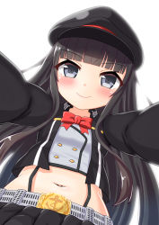 Rule 34 | 1girl, absurdres, anchor symbol, azur lane, black hair, black jacket, black skirt, blue eyes, blunt bangs, blush, bow, breasts, buttons, commentary request, crop top, cropped jacket, double-breasted, hat, highres, jacket, long hair, long sleeves, looking at viewer, midriff, navel, oozeki (v-necker), open clothes, open jacket, peaked cap, pleated skirt, red bow, sidelocks, simple background, skirt, small breasts, smile, solo, suspender skirt, suspenders, upper body, very long hair, white background, z19 hermann kunne (azur lane)