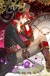 Rule 34 | 1boy, between fingers, clock, clock tower, coat, facing to the side, fingerless gloves, gloves, hat, holding, looking at viewer, male focus, myoya, official art, pouch, red hair, saibai shounen, second-party source, short hair, suligong (saibai shounen), thigh pouch, top hat, tower, yellow eyes