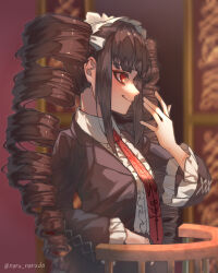 Rule 34 | 1girl, alternate hair color, bonnet, brown hair, celestia ludenberg, center frills, commentary, danganronpa: trigger happy havoc, danganronpa (series), drill hair, frilled jacket, frilled shirt, frills, from side, gothic lolita, hand up, highres, indoors, jacket, jewelry, lolita fashion, long hair, long sleeves, narudo, necktie, no earrings, open clothes, open jacket, print necktie, red eyes, red necktie, shirt, smile, solo, standing, twin drills, twintails, white shirt
