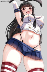 Rule 34 | 1girl, absurdres, animal ears, black hair, blunt bangs, breasts, cosplay, cowboy shot, elbow gloves, fake animal ears, from below, gloves, grey background, highres, isokaze (kancolle), kantai collection, long hair, looking at viewer, looking down, medium breasts, microskirt, midriff, mizuki (uzuki no sato), navel, neckerchief, shimakaze (kancolle), shimakaze (kancolle) (cosplay), skirt, smile, solo, thighs, two-tone thighhighs