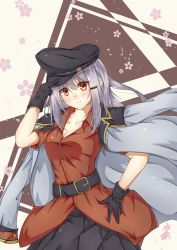 Rule 34 | 10s, 1girl, artist request, bad id, bad pixiv id, belt, black gloves, breasts, cleavage, collared shirt, facial scar, gangut (kancolle), gangut dva (kancolle), gloves, grey hair, hair between eyes, hand on own hip, hat, jacket, kantai collection, large breasts, long sleeves, looking at viewer, military, military hat, military jacket, military uniform, miniskirt, red eyes, red shirt, scar, scar on cheek, scar on face, shirt, skirt, solo, uniform, white background