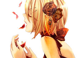 Rule 34 | 1girl, blonde hair, close-up, closed eyes, female focus, flower, hair ornament, hair ribbon, hairclip, kagamine rin, la fiesta (vocaloid), open mouth, ribbon, rose, short hair, simple background, solo, ui (rot), vocaloid, white background