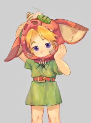 Rule 34 | 1boy, animal hat, belt, blonde hair, child, closed mouth, cowboy shot, facing viewer, green tunic, grey background, hands on headwear, hat, highres, link, male focus, nintendo, olxexlo, pig hat, short hair, simple background, solo, the legend of zelda, tunic, young link