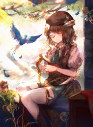 Rule 34 | 1girl, absurdres, beret, bird, blue bird, brown hair, closed eyes, commentary request, fairy, feathers, harp, hat, hat feather, highres, instrument, kita (kitairoha), monocle, music, original, playing instrument, sitting, smile, solo, thighhighs, white thighhighs