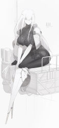 Rule 34 | 1girl, bone, breasts, closed mouth, colored skin, commentary, highres, jacket, large breasts, long hair, long sleeves, mechanical legs, original, ribs, see-through body, sidelocks, simple background, sitting, solo, symbol-only commentary, ub1mo, white background, white hair, white jacket, white skin