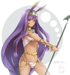 Rule 34 | &gt;:), 1girl, animal ears, bikini, blunt bangs, bracelet, breasts, character name, contrapposto, cowboy shot, dark-skinned female, dark skin, detached collar, earrings, egyptian clothes, facepaint, fate/grand order, fate (series), hairband, highres, holding, holding staff, hoop earrings, jewelry, kouki (kouki 0033), long hair, looking at viewer, medium breasts, medjed (fate), navel, nitocris (fate), purple eyes, purple hair, smile, solo, staff, standing, swimsuit, two-tone background, underboob, v-shaped eyebrows, very long hair, white bikini