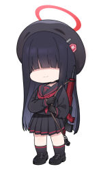 Rule 34 | 1girl, beret, black choker, black footwear, black hair, black hat, black sailor collar, black serafuku, black shirt, black skirt, black socks, blue archive, chibi, choker, closed mouth, commentary request, facing viewer, gun, hair over eyes, halo, hat, highres, holding, justice task force member (blue archive), loafers, long hair, looking at viewer, neckerchief, nyaru (nyaru 4126), pleated skirt, red neckerchief, sailor collar, school uniform, serafuku, shirt, shoes, simple background, skirt, smile, socks, solo, very long hair, weapon, weapon request, white background
