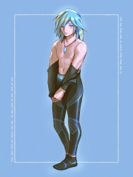 Rule 34 | 1boy, aqua eyes, blue background, blue hair, clothes pull, collarbone, commentary, creatures (company), framed, full body, game freak, go-lurk, grusha (pokemon), hair between eyes, highres, jewelry, leggings, long hair, looking at viewer, male focus, navel, necklace, nintendo, one eye closed, parted lips, pokemon, pokemon sv, shoes, solo, standing, topless male