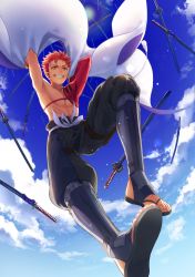 Rule 34 | 1boy, abs, black pants, bow, cloud, colored eyelashes, emiya shirou, falling, fate/grand order, fate (series), from below, grin, highres, igote, katana, limited/zero over, male focus, messy hair, orange hair, otama (atama ohanabatake), pants, pants tucked in, pectorals, sandals, scabbard, sheath, sky, smile, solo, sword, topless male, waist bow, weapon, white bow, yellow eyes
