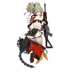 Rule 34 | 1girl, ahoge, assault rifle, bare shoulders, black gloves, boots, chain, chain necklace, covering ass, covering privates, damaged, female focus, flat chest, full body, girls&#039; frontline, gloves, green eyes, grey hair, gun, holding, holding gun, holding weapon, looking at viewer, necklace, official art, pants, rifle, short hair, sig-556 (girls frontline), sig sauer 556, solo, strapless, torn clothes, torn gloves, torn legwear, torn tube top, transparent background, tube top, twintails, waterkuma, weapon